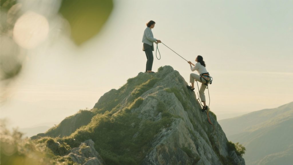 Uma montanha de desafios e um terapeuta online no topo oferecendo apoio, simbolizando que a terapia online é eficaz para problemas complexos, não apenas leves.