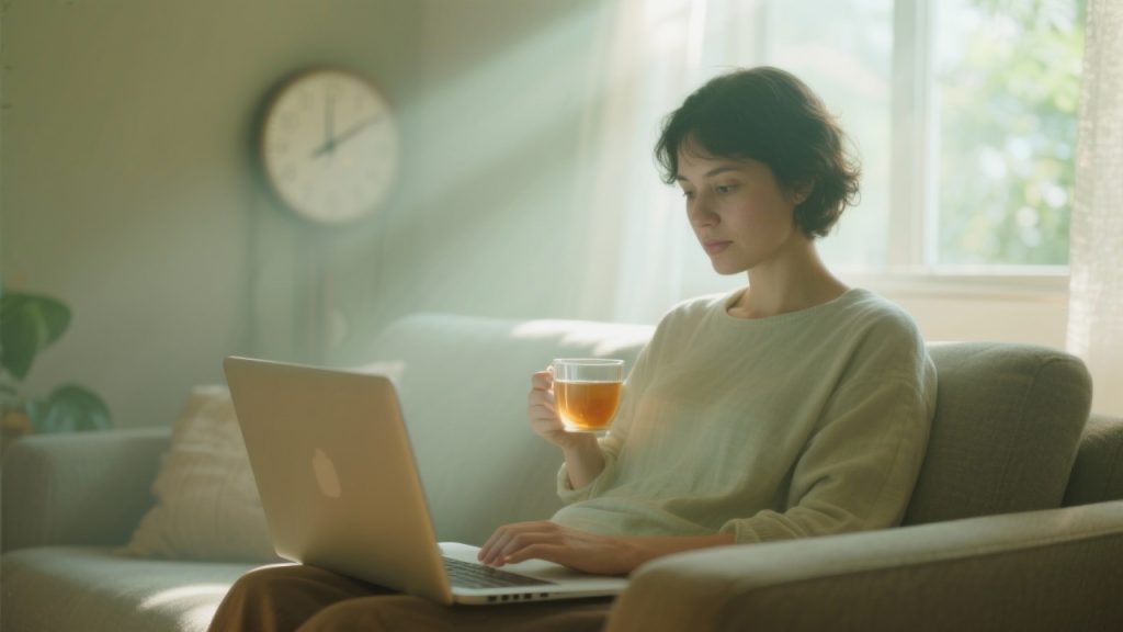 Uma pessoa relaxada em um ambiente doméstico tranquilo, participando de uma sessão de terapia online em seu laptop, com a luz do sol entrando pela janela, simbolizando a integração suave da terapia na rotina diária