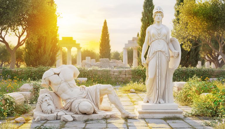 Estátua grega antiga, metade intacta e metade fragmentada, ilustrando o peso irreal da busca pela perfeição e a aceitação da imperfeição humana.