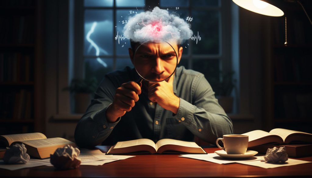 Lupa focada em uma pequena nuvem de fumaça escura saindo da cabeça de uma pessoa, simbolizando a identificação e o mapeamento dos pensamentos críticos internos.