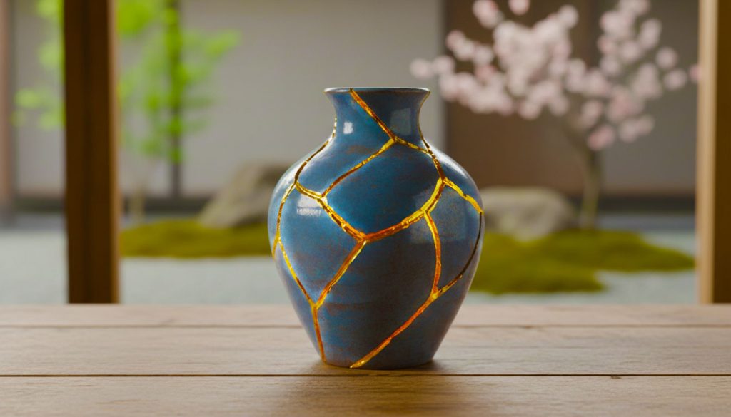 Vaso de cerâmica quebrado e reparado com ouro (Kintsugi), ilustrando que a imperfeição e as falhas fazem parte do valor e da beleza da vida.