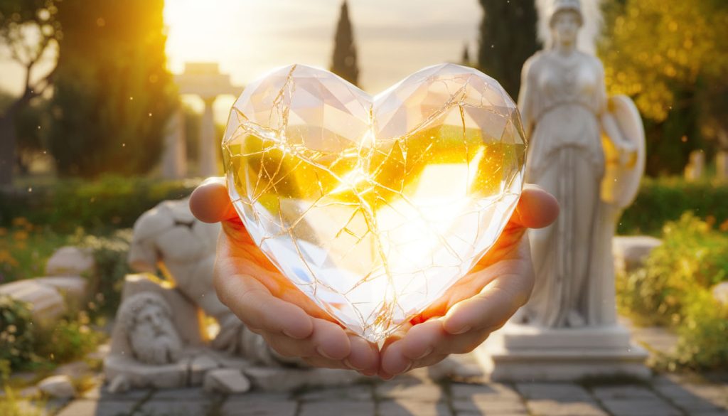 Mãos segurando um coração de cristal com rachaduras, com a luz brilhando através dele, ilustrando o perdão a si mesmo e a cura da culpa.