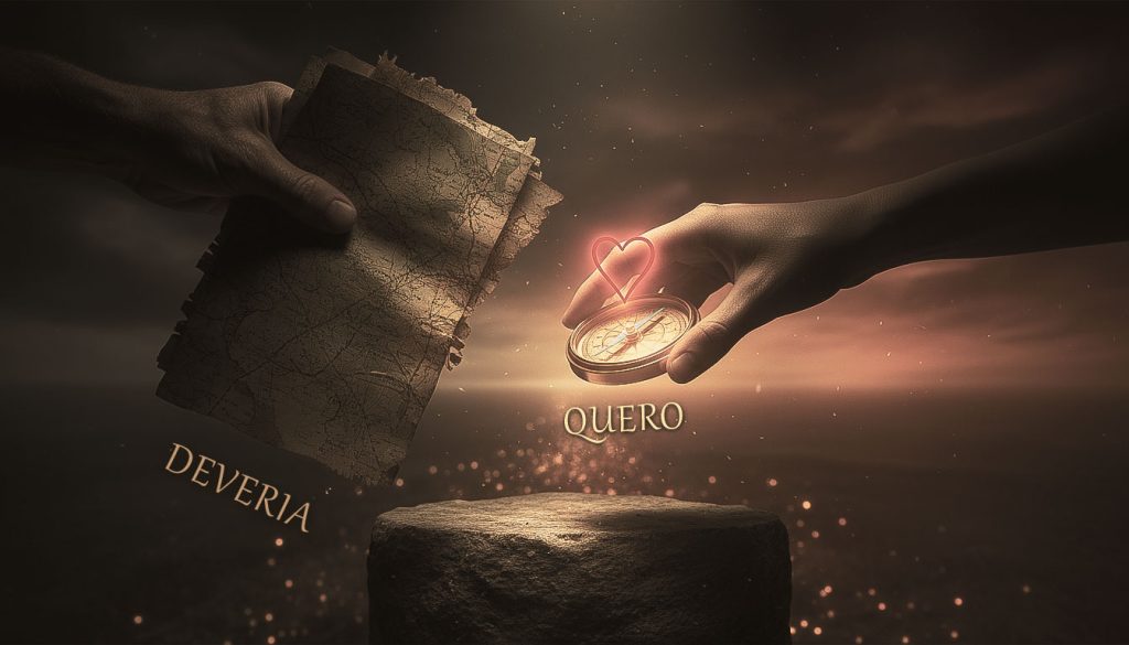 Uma bússola simples e brilhante substituindo um mapa antigo e pesado, simbolizando a troca do 'deveria' (obrigação) pelo 'quero' (intenção e propósito) na vida.