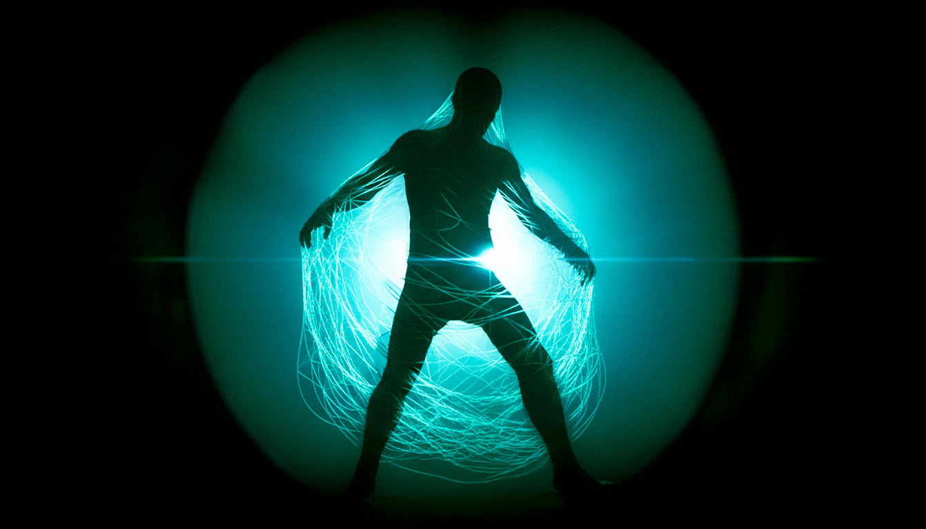 Uma teia de aranha brilhante envolvendo duas figuras humanas, uma maior e dominadora, a menor frágil, simbolizando a armadilha invisível de um relacionamento tóxico.