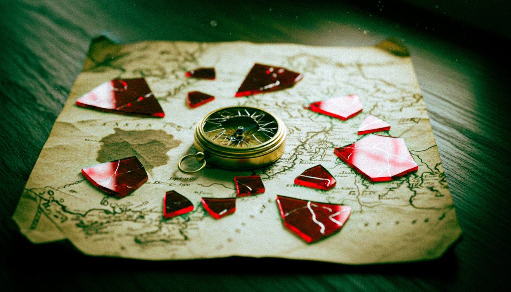 Uma bússola antiga quebrada e pedaços de um espelho vermelho estraçalhado sobre um mapa desbotado, simbolizando os sinais de alerta e a perda de direção em um relacionamento tóxico.