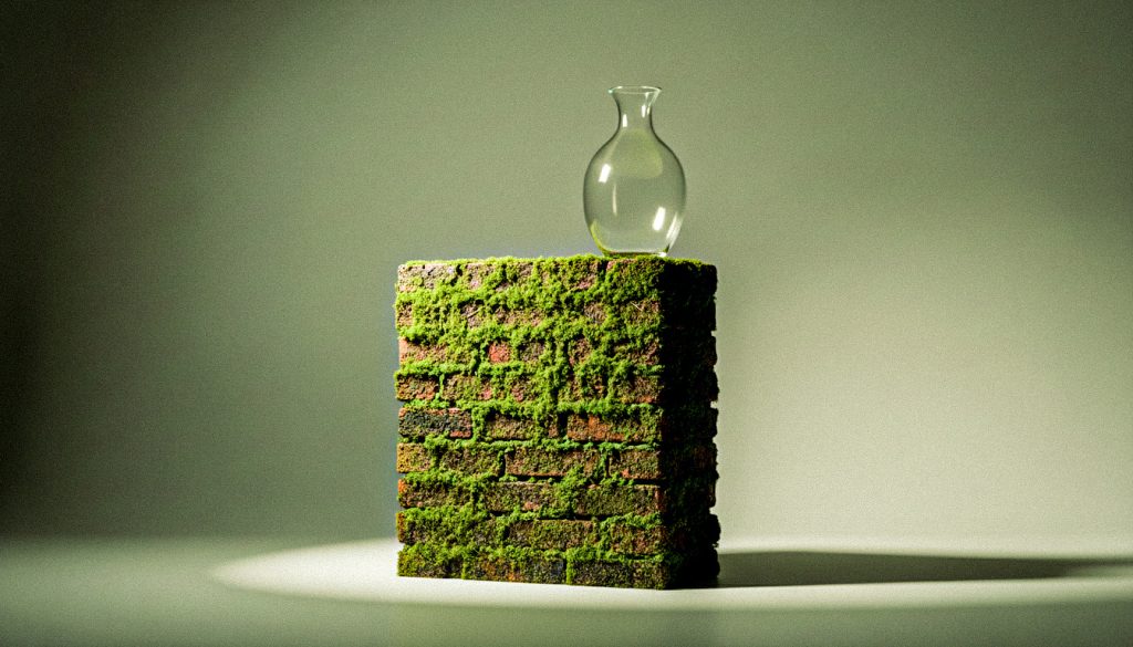 Uma forte muralha de tijolos coberta de musgo com um vaso de vidro frágil e intacto em cima, simbolizando a importância de estabelecer limites inegociáveis para proteger sua vulnerabilidade em relacionamentos tóxicos.