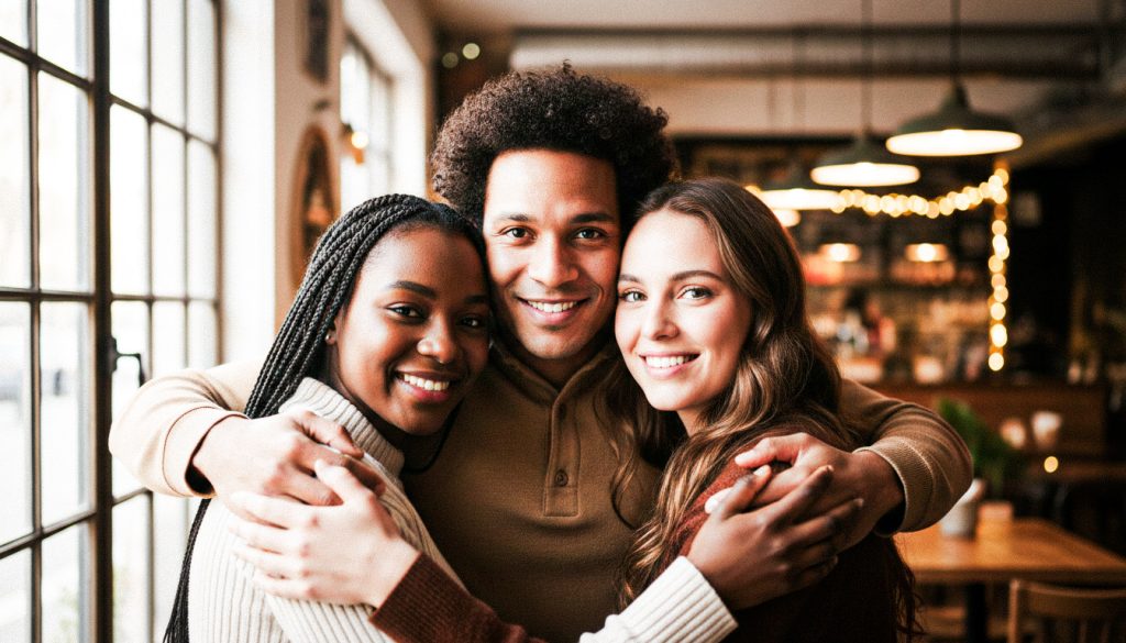 Grupo diversificado de três amigos sorridentes em um abraço caloroso, olhando para a câmera, simbolizando a importância de uma rede de apoio forte e confiável em momentos difíceis.