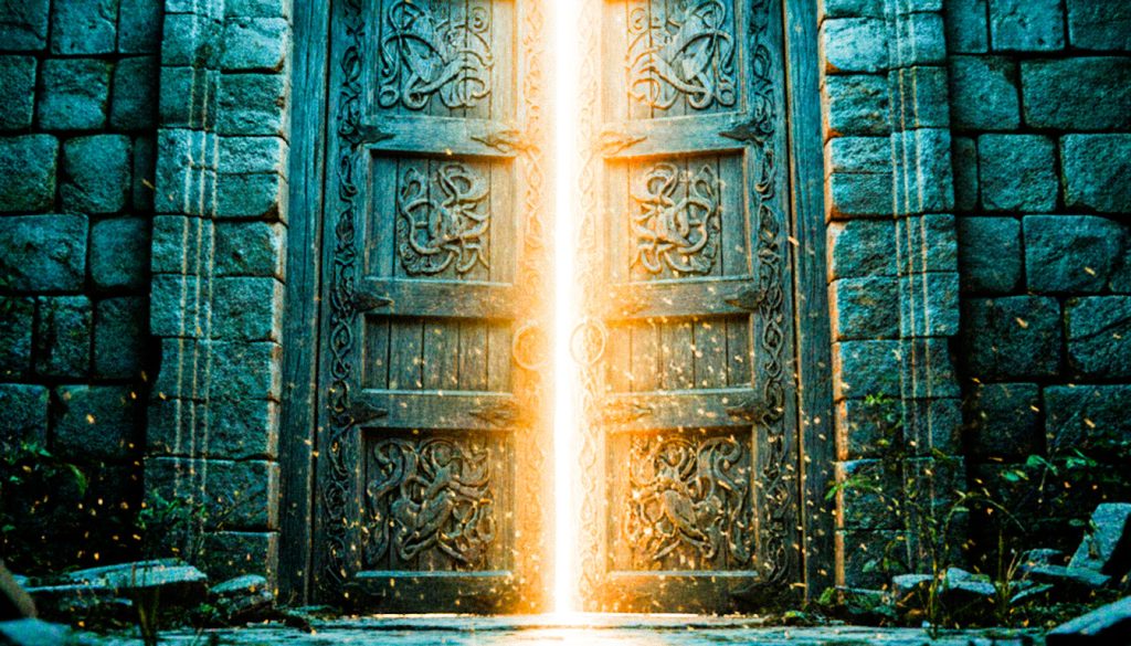 Uma porta de madeira antiga e pesada, ligeiramente aberta, com uma luz brilhante e convidativa vazando pela fresta, iluminando a escuridão, simbolizando a abertura para a liberdade e o afastamento de relacionamentos tóxicos.