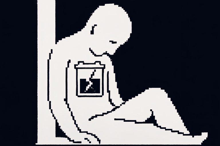 Uma bateria de vidro escura e rachada no peito de uma pessoa, vazia, simbolizando a exaustão mental e física completa.