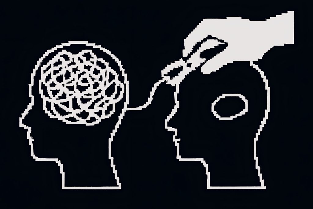 Ilustração conceitual de uma cabeça humana com fios vermelhos emaranhados sendo gentilmente desfeitos por uma ferramenta, simbolizando o papel da terapia em desatar os nós da exaustão mental.