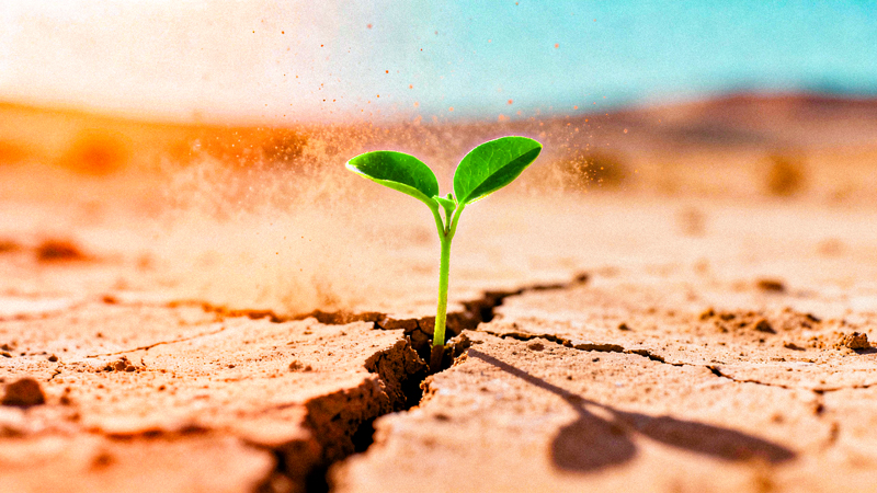 Um pequeno broto verde crescendo através de uma fenda no chão seco do deserto, simbolizando a vida e a resiliência surgindo em meio à adversidade.