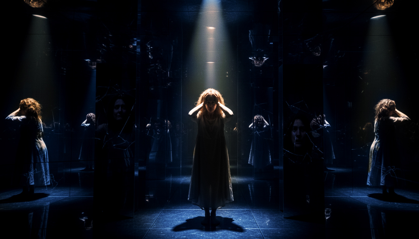 Uma pessoa cercada por espelhos que mostram versões diferentes e distorcidas dela mesma, simbolizando a confusão de identidade causada pela busca de aprovação externa.