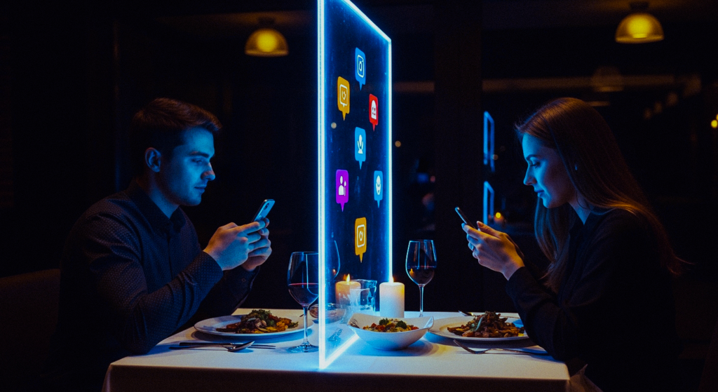 Um casal em um jantar romântico separado por uma divisória de vidro gigante e brilhante que reflete ícones digitais, simbolizando o impacto do Phubbing e o distanciamento causado pelas telas.