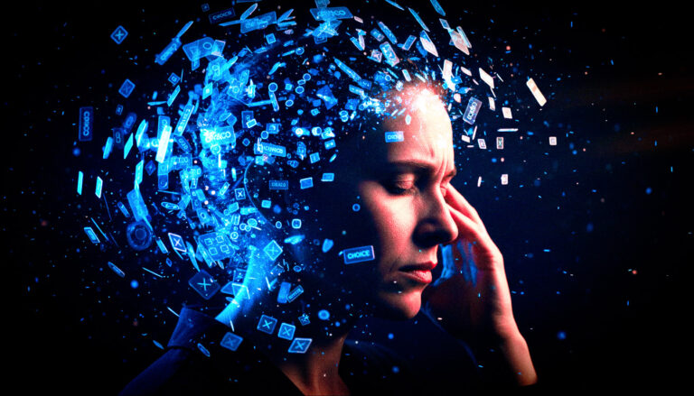 Perfil de uma pessoa com centenas de botões digitais flutuando ao redor da cabeça, simbolizando a confusão mental e a exaustão causadas pela fadiga de decisão.