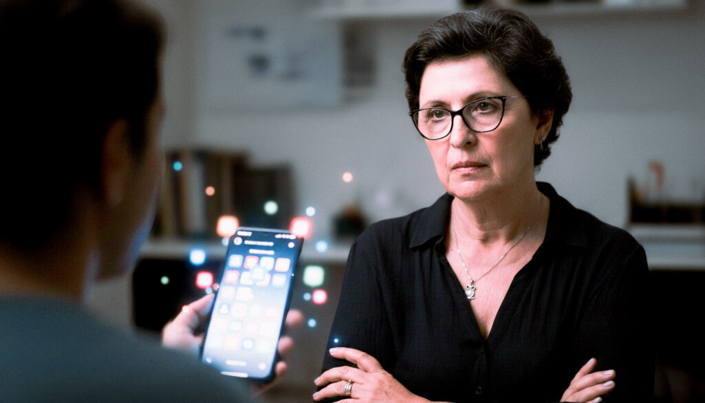 Quitéria observa com preocupação e desapontamento clínico uma pessoa distraída por um celular cheio de notificações, simbolizando o impacto da fadiga digital.