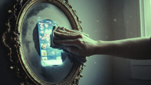 Um close-up de um espelho ornamentado, vintage e desgastado pelo tempo. Uma mão humana limpa o pó, mas, em vez de um reflexo nítido, a área limpa revela a tela de um smartphone de alta resolução, exibindo uma interface de rede social e ícones de "coração" flutuantes.