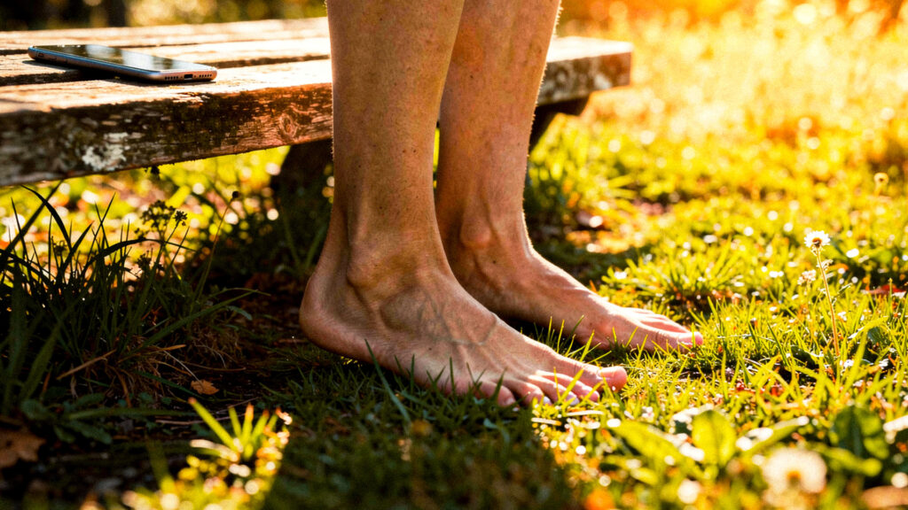 otografia de estilo de vida artístico. Um plano em ângulo baixo dos pés descalços de uma pessoa firmemente plantados na grama verde exuberante. No fundo desfocado, um smartphone moderno repousa virado para baixo em um banco de madeira rústico.