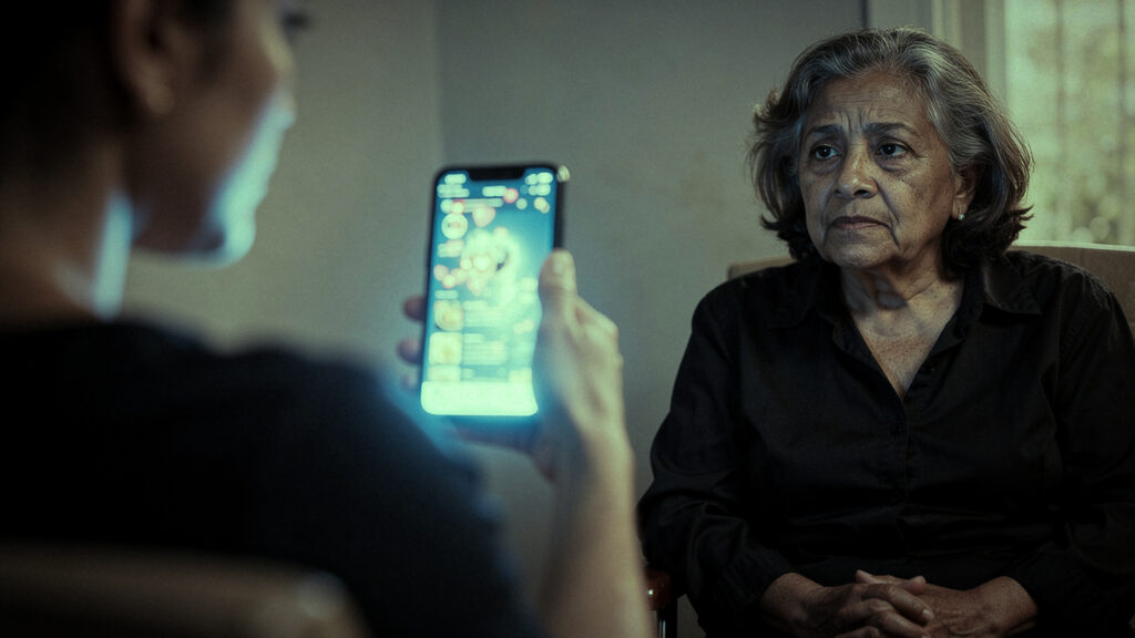 observando com preocupação e desapontamento clínico uma pessoa distraída por um celular, simbolizando o impacto da comparação digital na autoimagem.