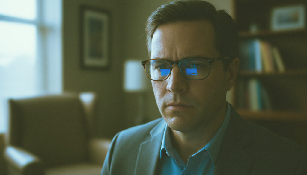 Close no rosto de Ricardo no consultório, com o reflexo da luz azul do celular oscilando sutilmente nos seus olhos, simbolizando o estado de anestesia digital.