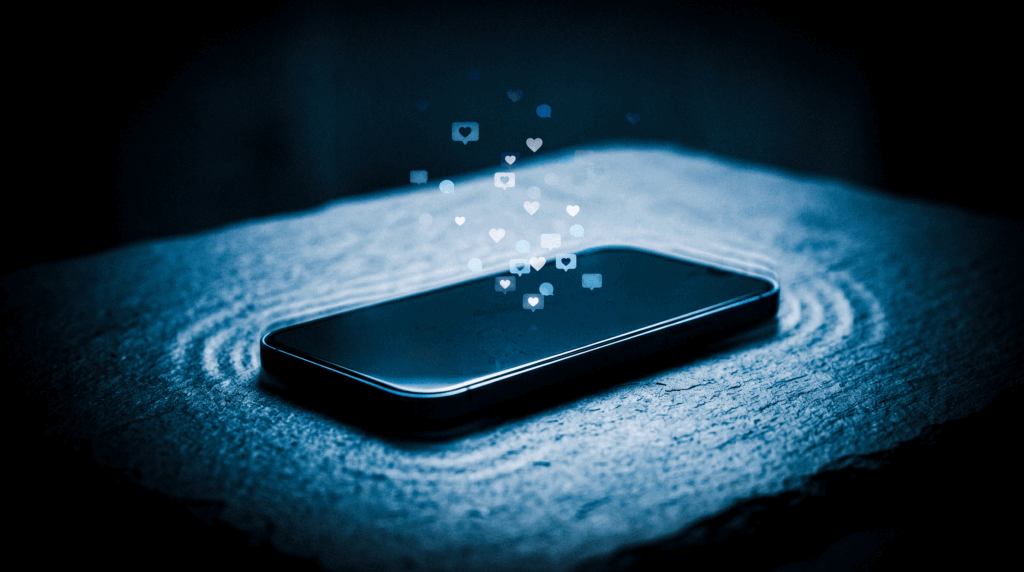 Telemóvel sobre uma mesa escura a vibrar suavemente enquanto bolhas de notificação brilhantes flutuam e desaparecem no ar, simbolizando a vacuidade e o frio das conexões digitais.
