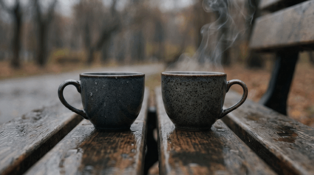 Duas chávenas num banco de jardim sob a luz cinzenta, com vapor a sair apenas de uma delas, evocando a dor da ausência e a falta de intimidade partilhada na vida real.