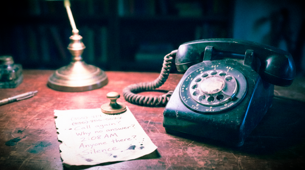 Telefone antigo ao lado de um papel rasgado sob a luz quente de um candeeiro de secretária, simbolizando a necessidade profunda de encontrar alguém com quem partilhar os momentos mais sombrios da madrugada.