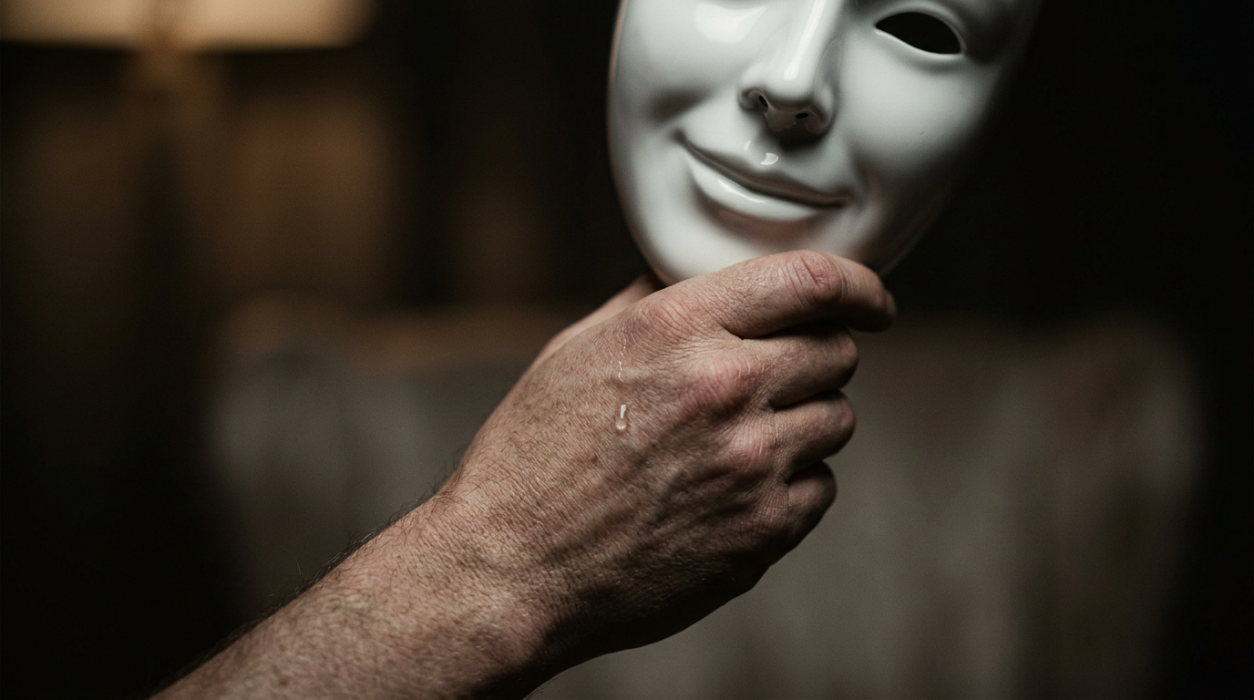 Mão cansada e trêmula segurando uma máscara de porcelana sorridente, simbolizando a exaustão emocional de viver a Síndrome da Agradadora Crônica.