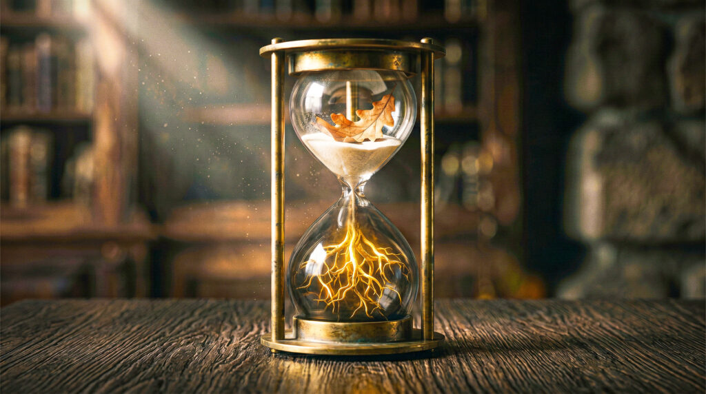 Uma ampulheta onde folhas de outono caem na parte superior e raízes douradas crescem na parte inferior, simbolizando que o tempo não apenas leva a juventude, mas cria a fundação da sabedoria.